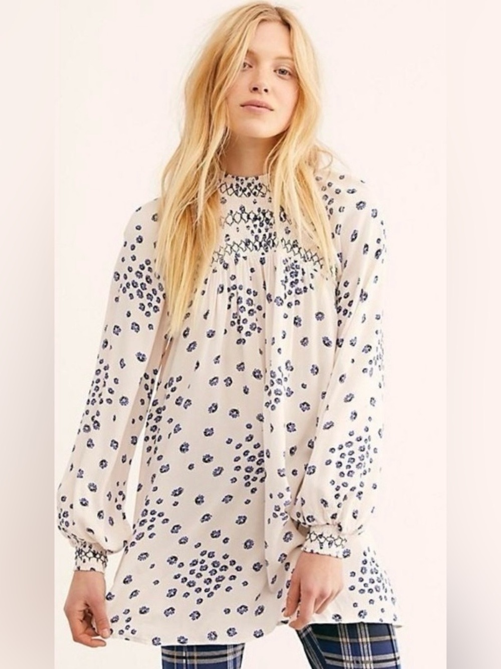 Free People Flowers in Her Hair Tunic Top Dress Floral Smocked Ivory Combo XS